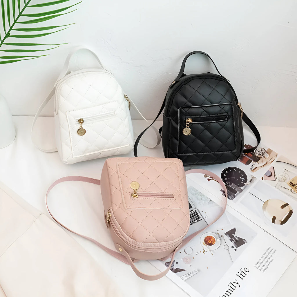 Hard square white girls backpack with embroidered Korean style design, showing soft carry handle and dimensions.