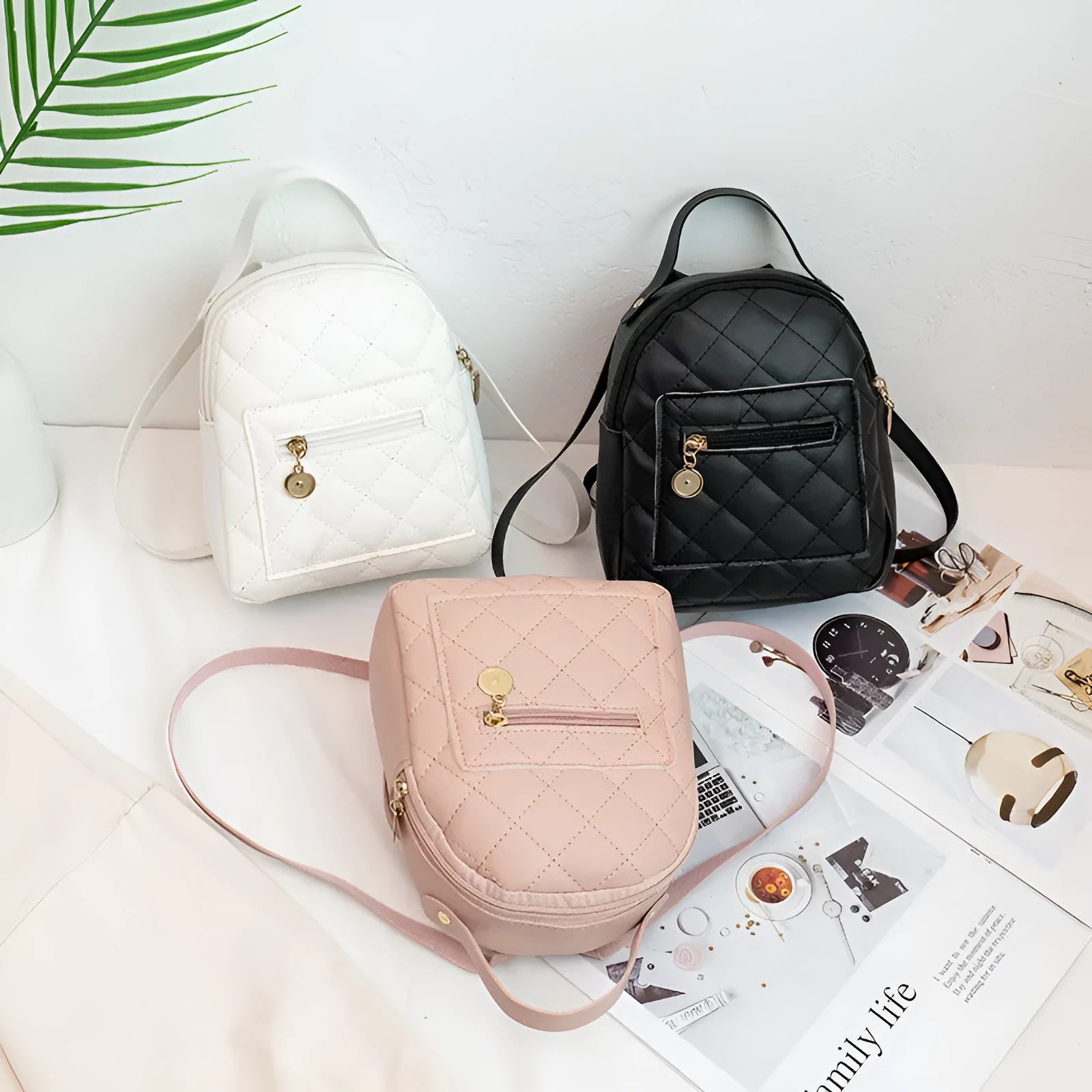 Hard square white girls backpack with embroidered Korean style design, showing soft carry handle and dimensions.