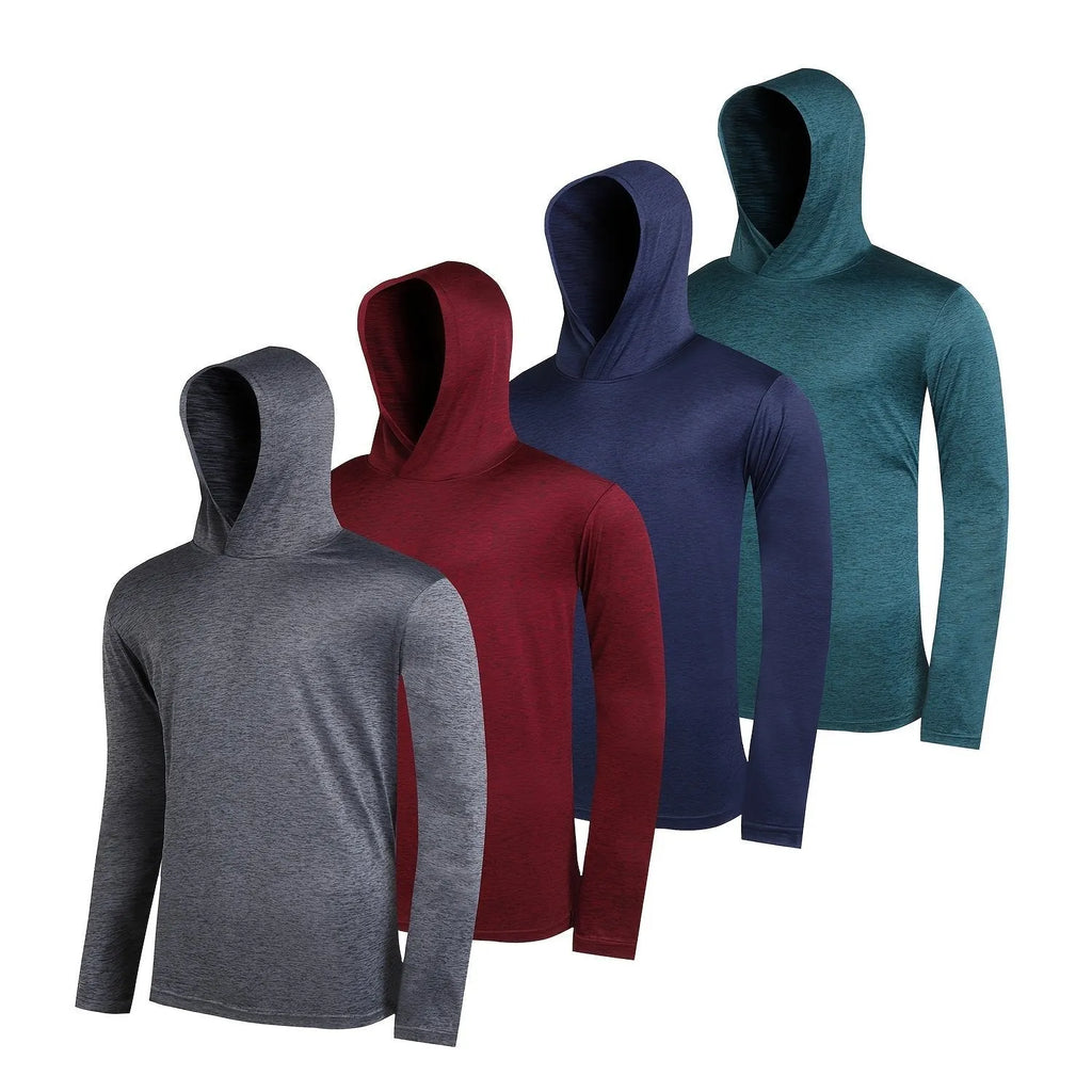 Set of four men's lightweight polyester hoodies on a hanger, showing colour options and style with hat.