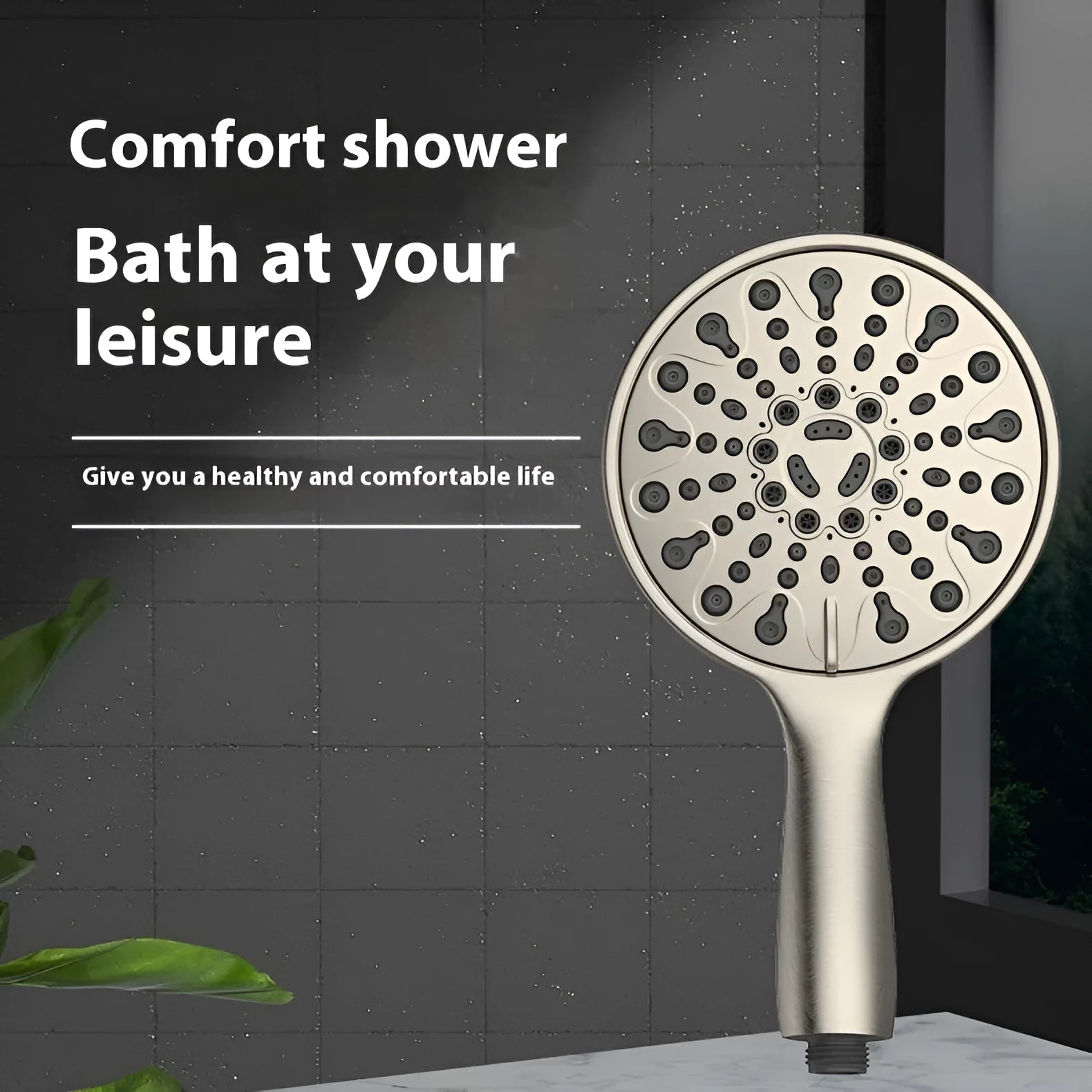 Silver electroplated handheld shower head with six function selector on a 6-inch face.