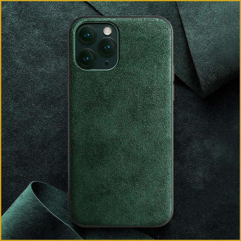 Suede full-cover iPhone phone case in dark blue, dark night green, or elegant black.