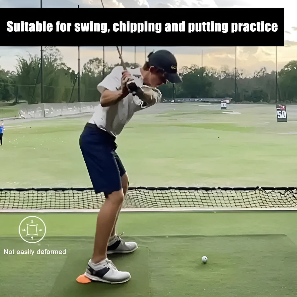 Orange golf training mat with centre of gravity pattern on natural rubber surface