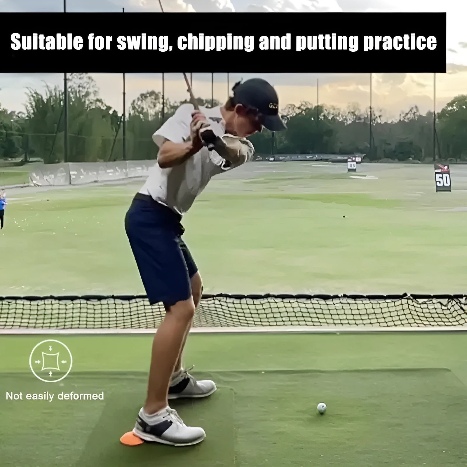 Orange golf training mat with centre of gravity pattern on natural rubber surface