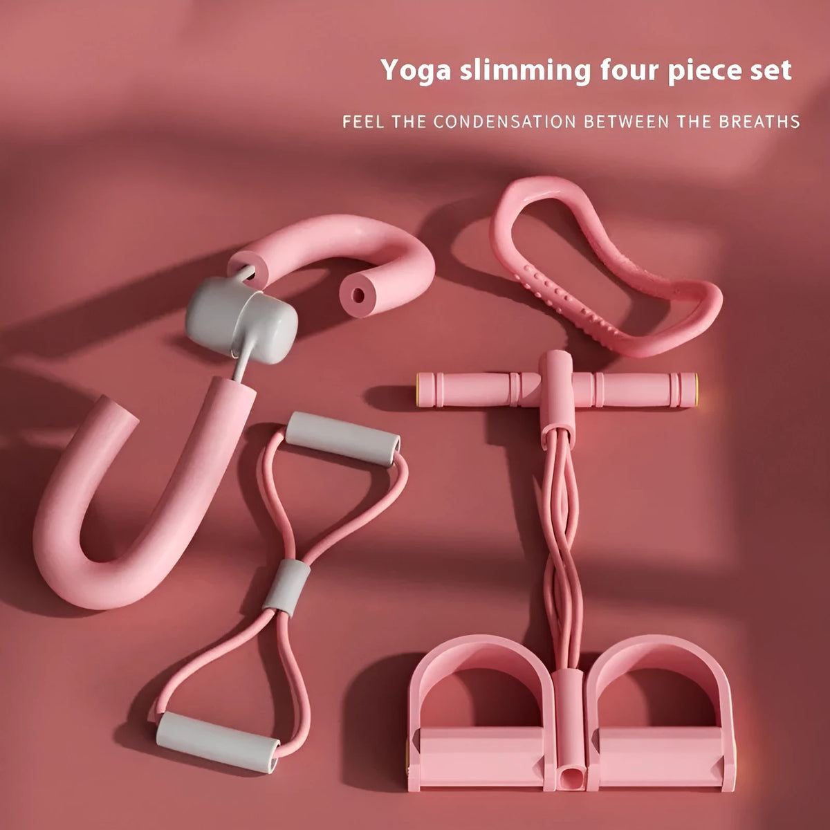Yoga four piece set showing leg beauty device, yoga ring, pedal tension device, and figure-eight tension rope for home fitness.