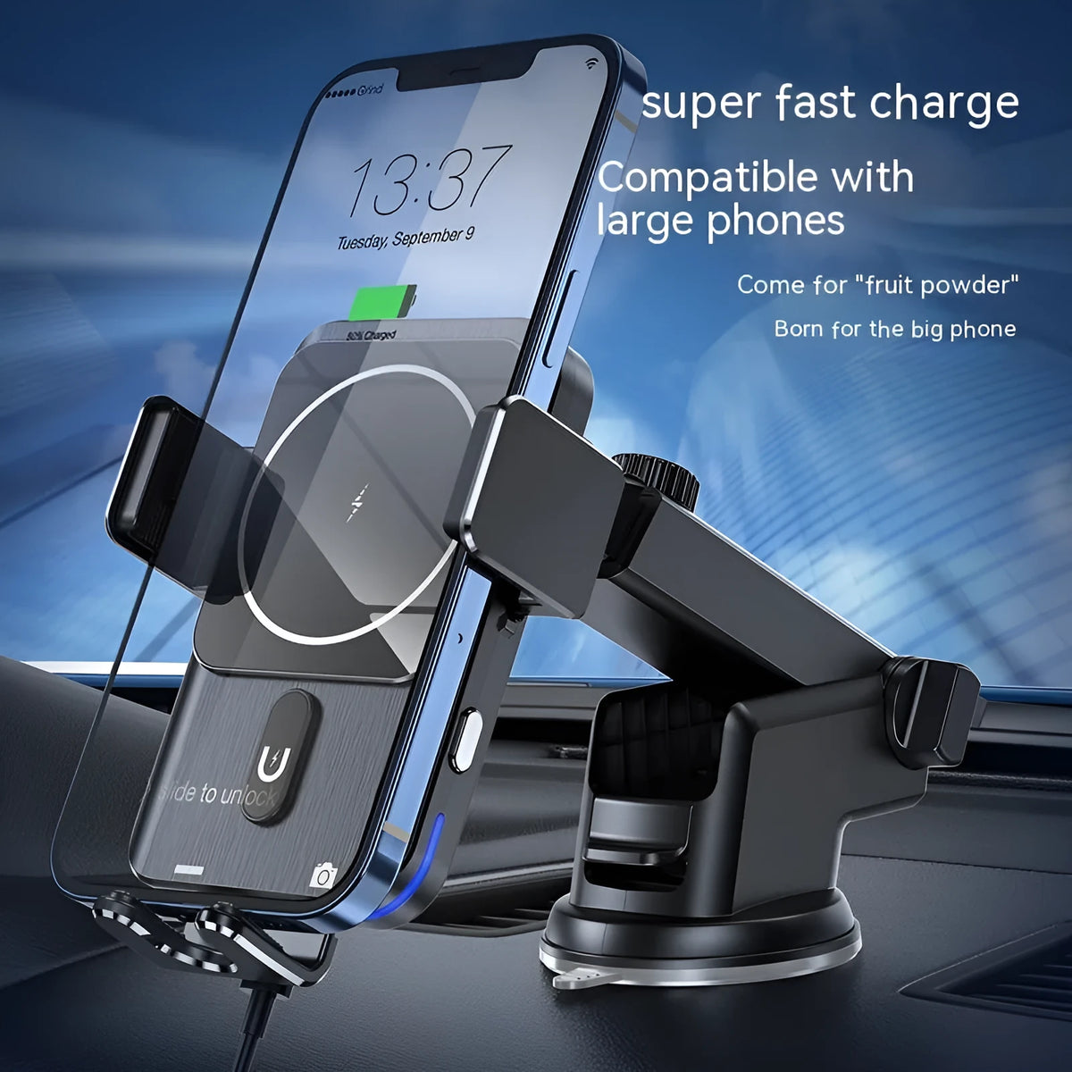 Black car wireless charger phone holder with 15W charging and vent clip or suction cup mount options