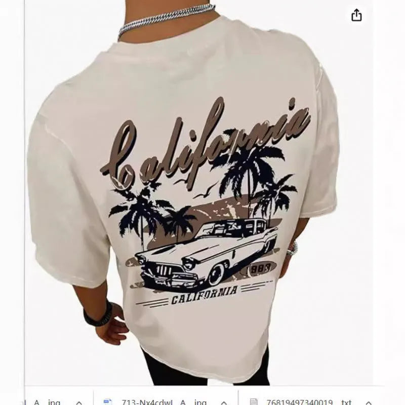 Short-sleeved men's printed street sports t-shirt on a hanger, showing digital print design.