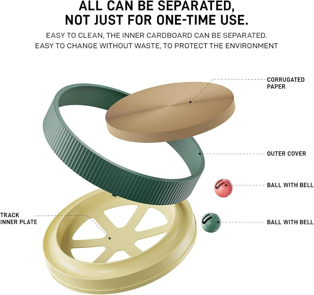 Large green circular cardboard cat scratching board with built-in track balls and a spring plush ball toy.