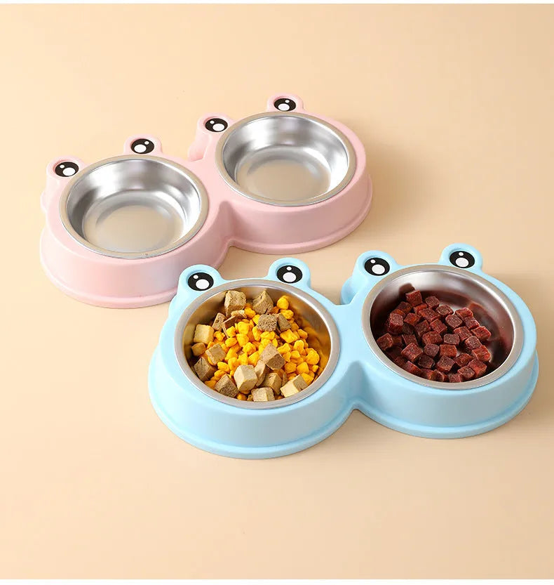 Blue frog-shaped stainless steel double pet bowl for food and water, shown in large size.
