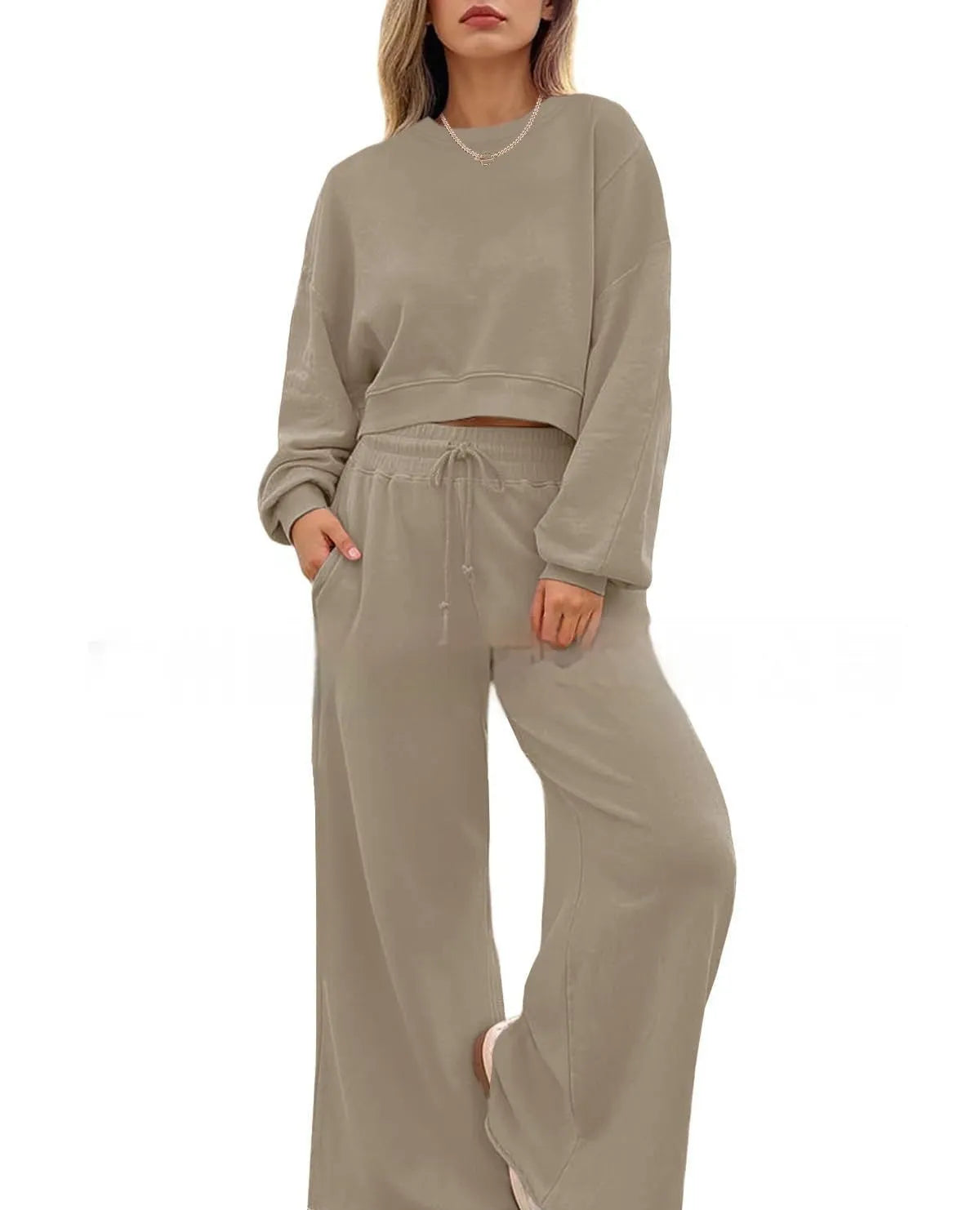 Women's solid colour casual two-piece set with long sleeves top and trousers in street hipster style