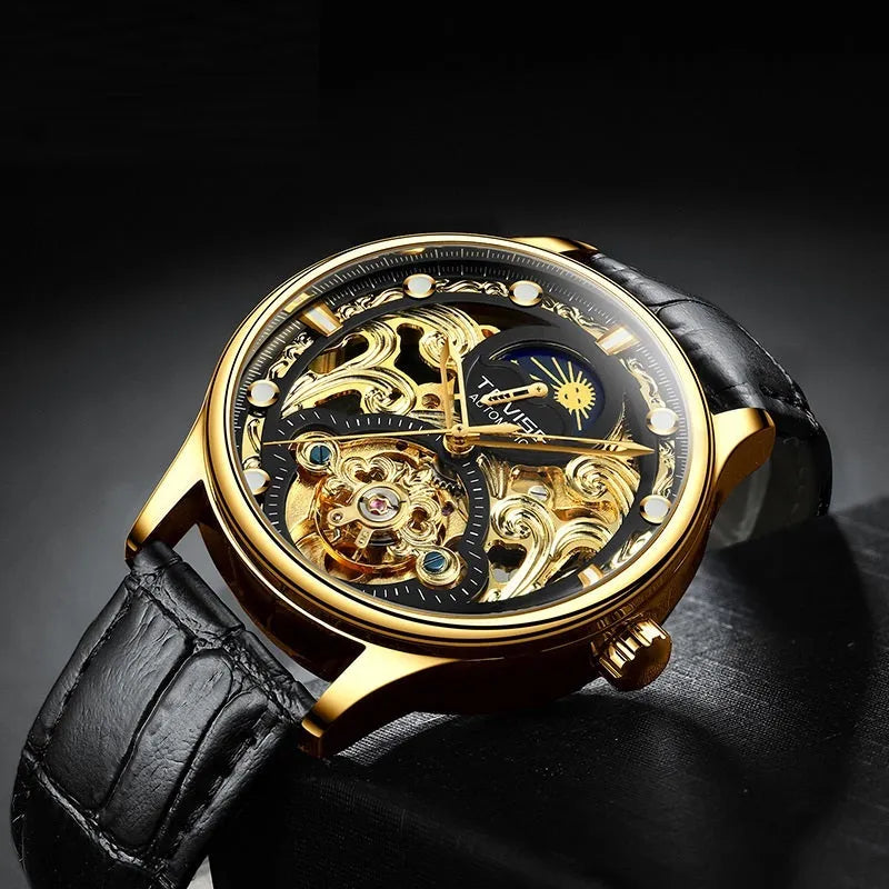 Men's automatic mechanical watch with leather strap in gold or white colours showing 16mm thickness