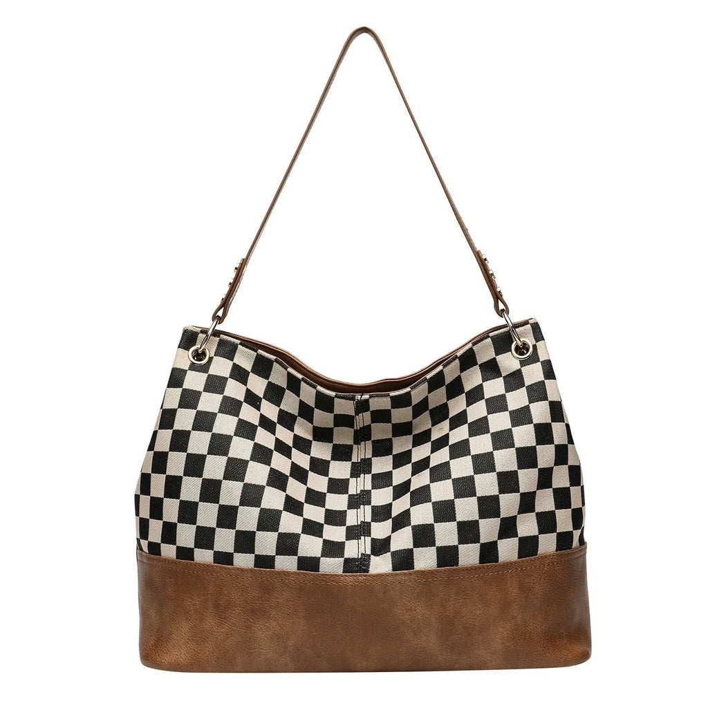 One-shoulder canvas stitching PU crossbody bag in black or light brown with open outer pocket and horizontal square shape
