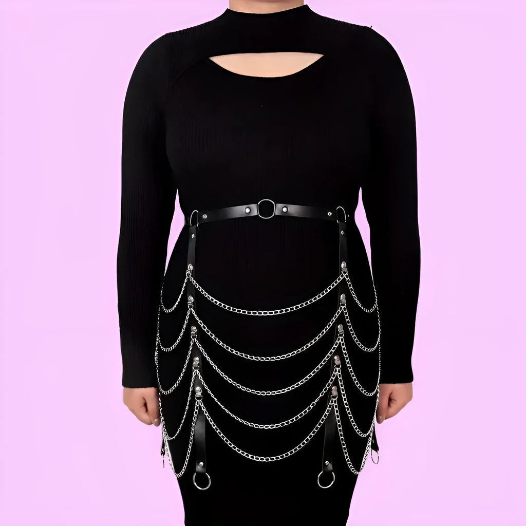 Black PU leather waist chain with bandage binding chain design for women's alternative fashion