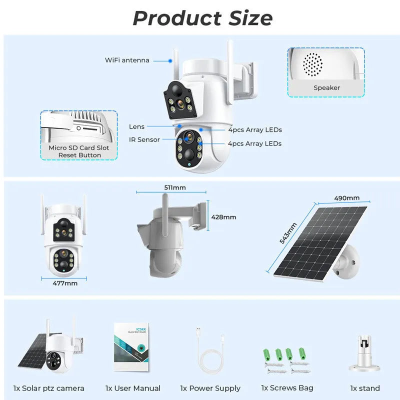 Outdoor solar-powered wireless security camera with solar panel for plug-free monitoring