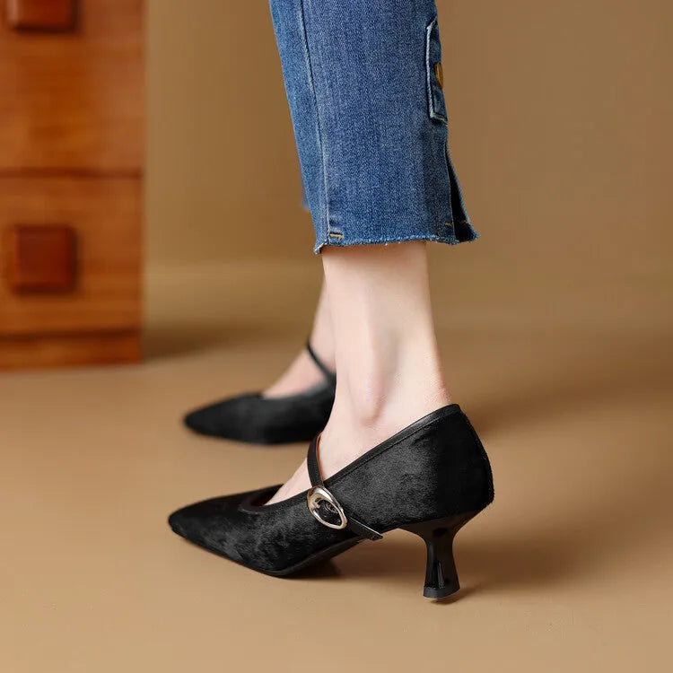 Women's black square toe stiletto ankle-strap high heels with horse hair upper shown from side angle