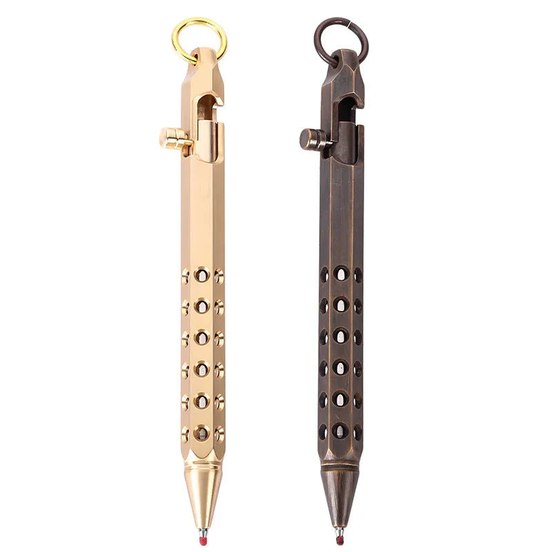 Brass hexagonal bolt roller pen showing six-angle construction with 0.5mm tip
