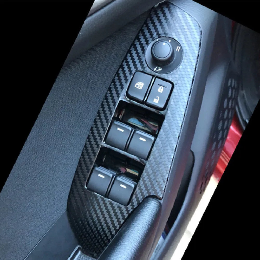 Four TPU protective films for a 14-19 car door control panel, showing transparent and black finish options.