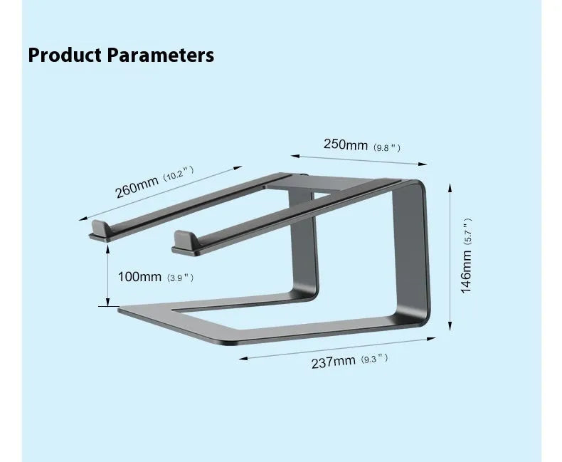 Black aluminium alloy laptop stand on a desk, showing its size and solid base plate.