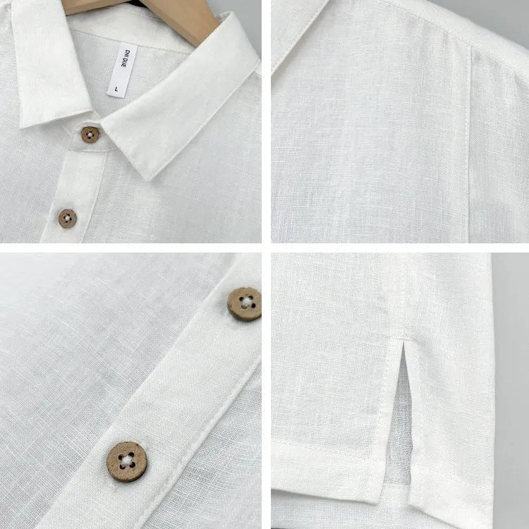 Men's grey green linen short sleeve t-shirt with a thin lapel collar on a hanger.