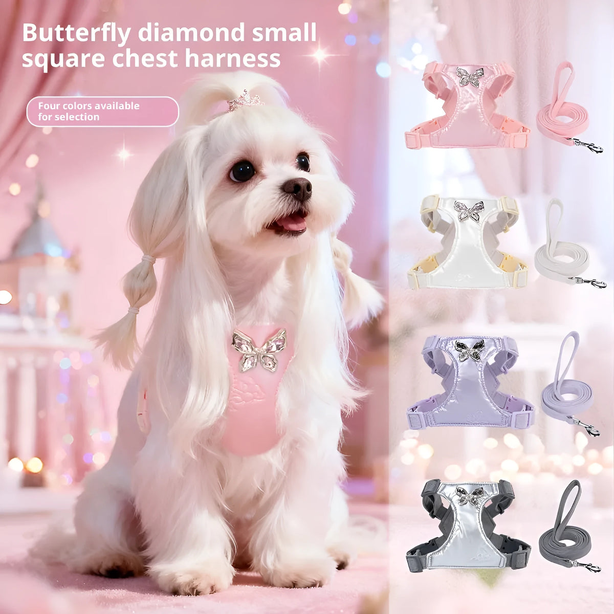 Small dog chest strap and hand holding traction rope set with metal butterfly, available in four colours and XXS to M sizes