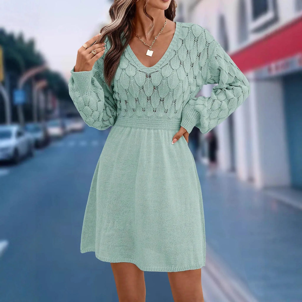 Long sleeve V-neck acrylic beach dress in apricot with a high waist and 3D ethnic pattern.