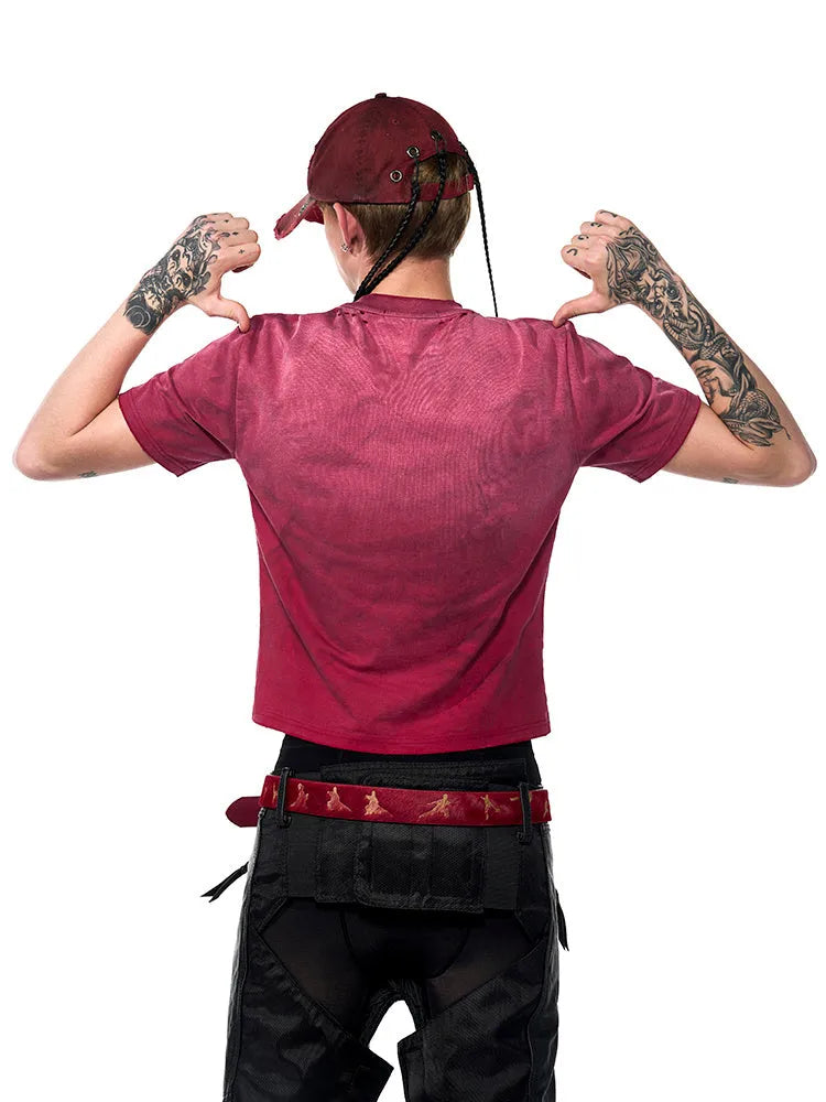 Red men's slim fit T-shirt with distressed texture and short sleeves