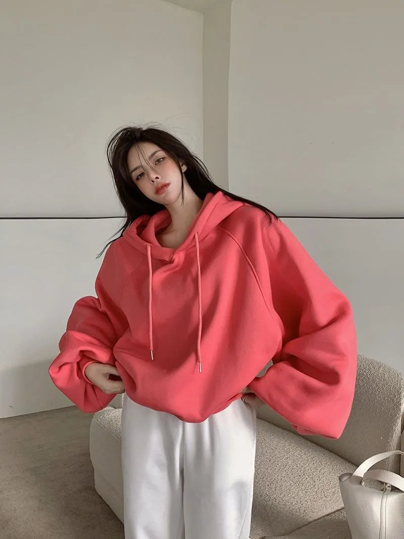 Watermelon red women's loose hooded sweater made from mulberry silk with sleeveless design