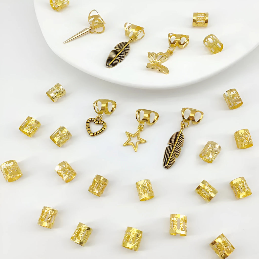 Antique style hair rings with leaves pattern and dirty braid design in gold or silver finish