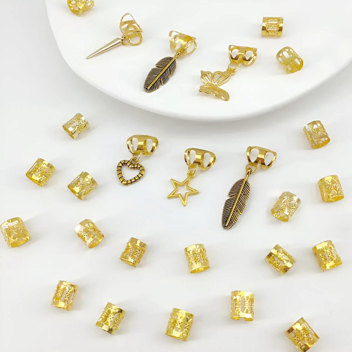 Antique style hair rings with leaves pattern and dirty braid design in gold or silver finish