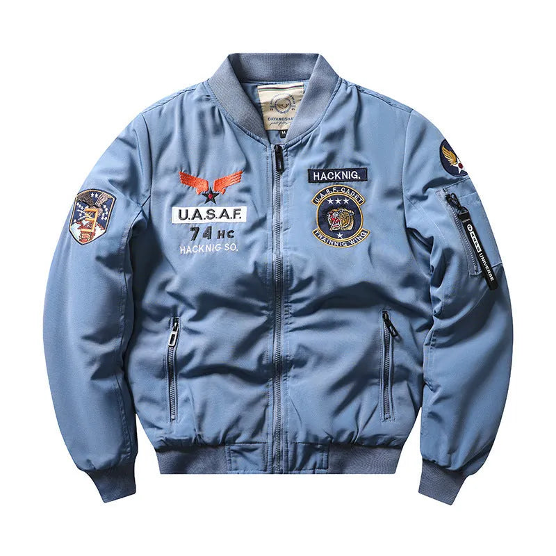 Men's slim-fit black retro stand collar cotton-padded Harley-style coat with patch pockets.