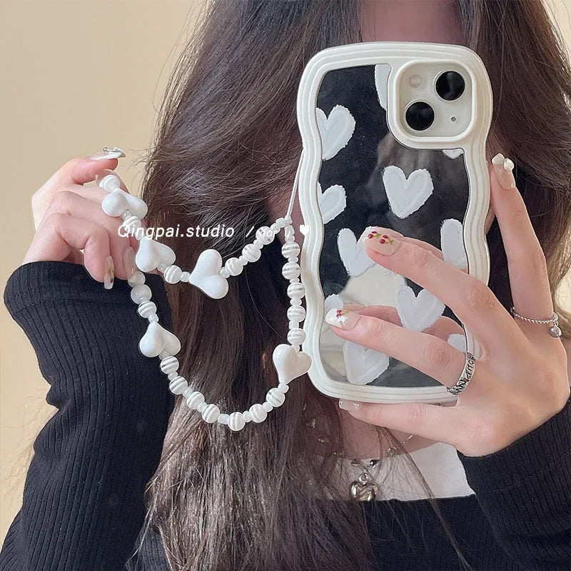 White wave edge silicone phone case with heart mirror and bracelet for Samsung Galaxy models