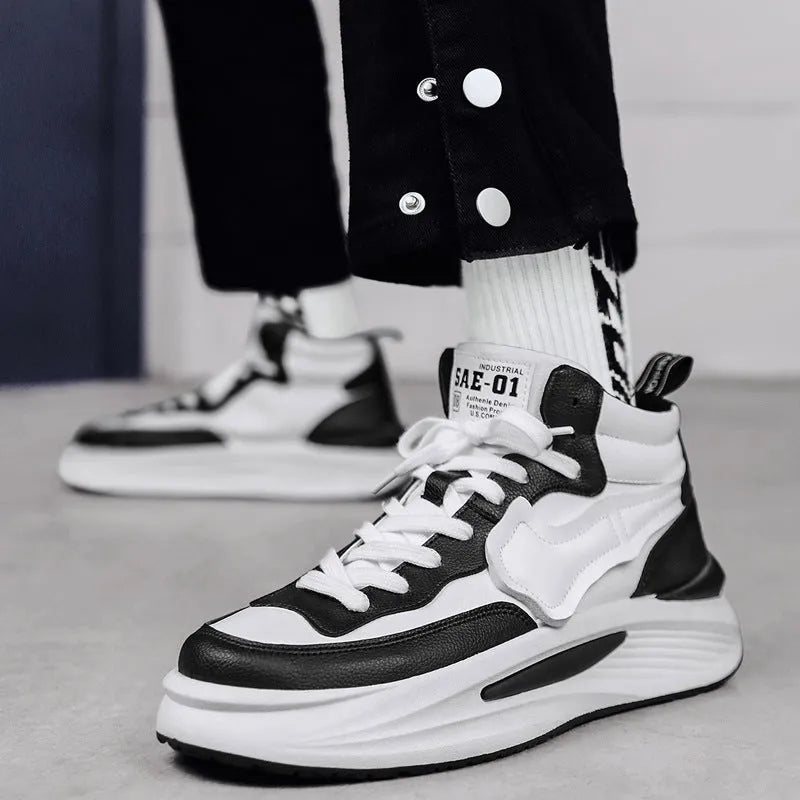 Men's black and white platform high-top shoes with round toe and artificial PU upper
