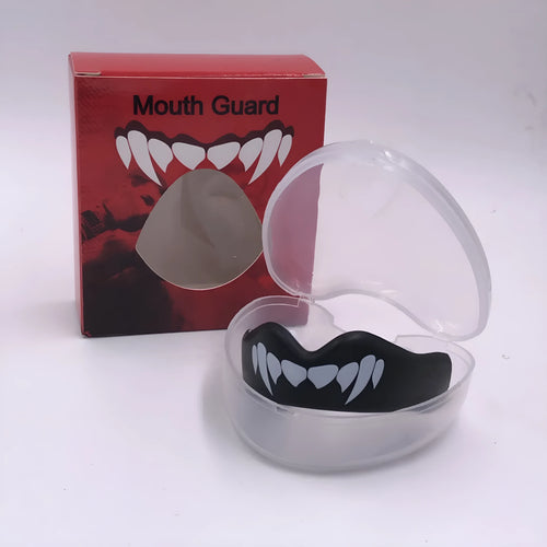 Adult boxing sports mouthguard with printed teeth design in black and white colour.