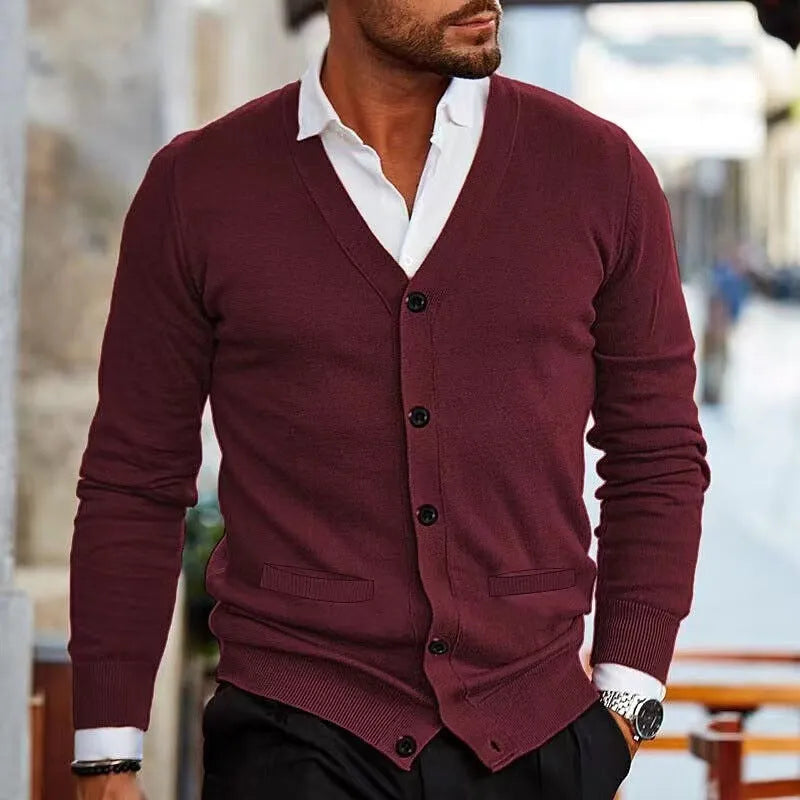Men's slim-fit acrylic cardigan sweater coat in autumn colours with long sleeves
