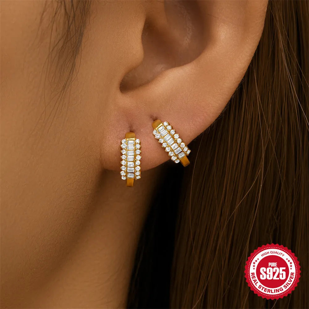 Sterling silver geometric stud earrings with small round design in gold or silver electroplated finish