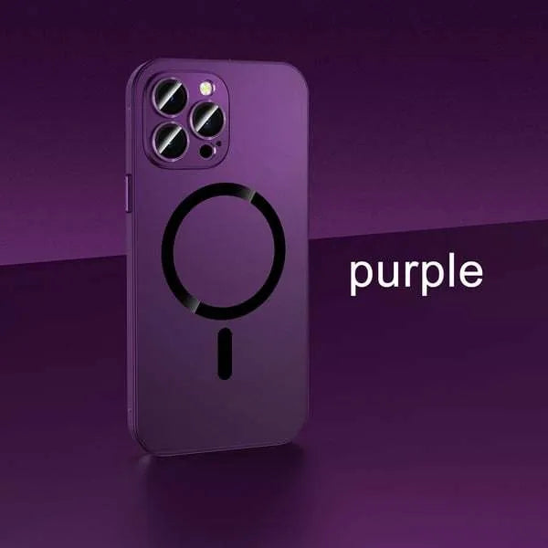 Dark purple aluminium alloy frame magnetic phone case for iPhone with a snap closure.