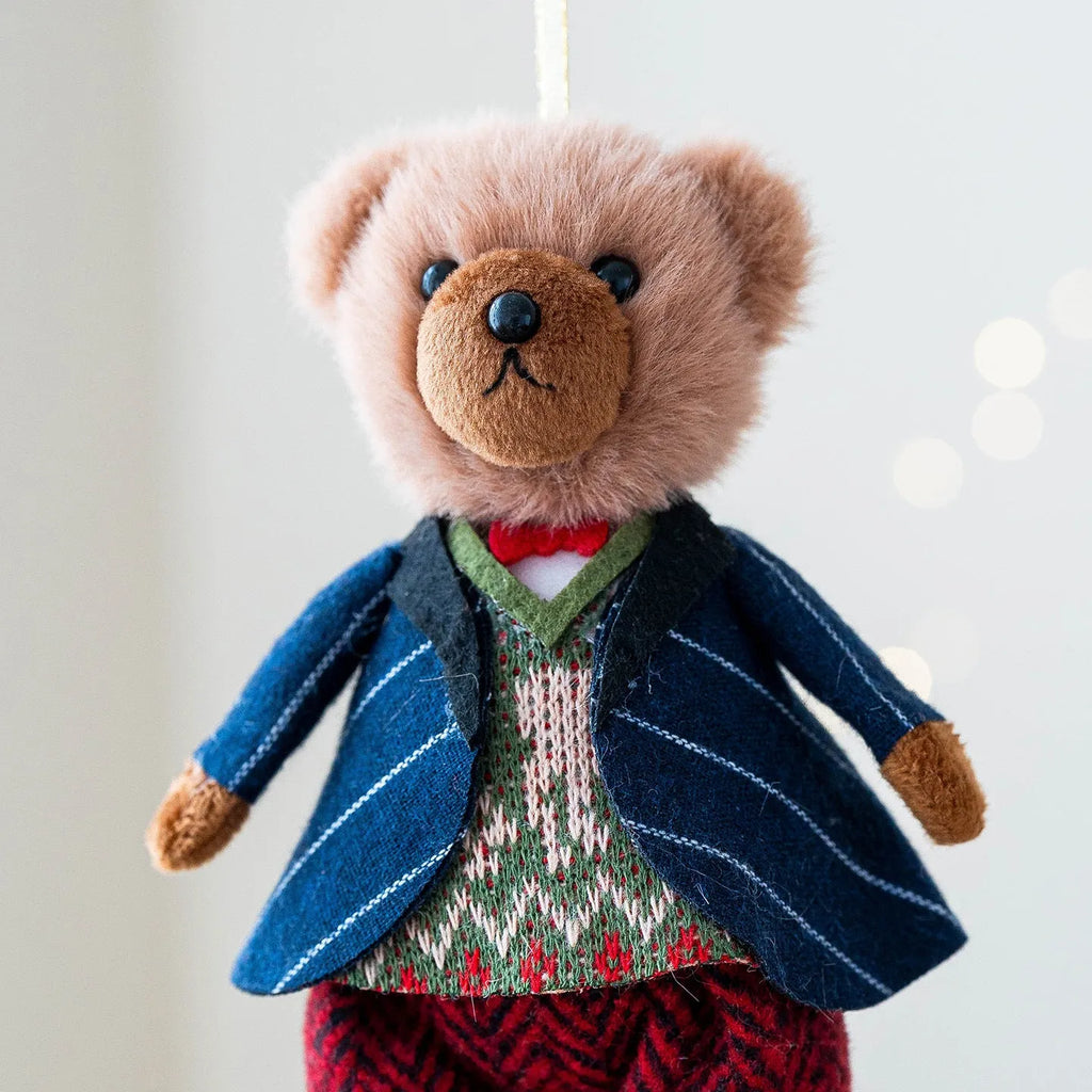 Cartoon plush bear couple in cotton plaid suits - gentleman bear and princess bear characters