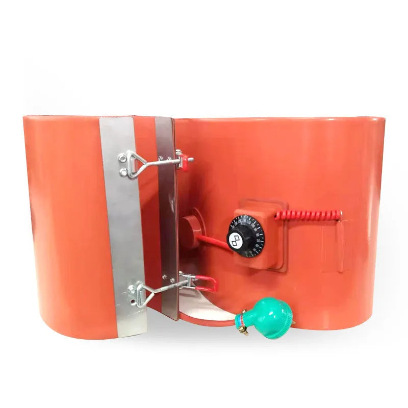 Silicone heating belt wrapped around a 200-litre oil drum with digital display controller and US plug.