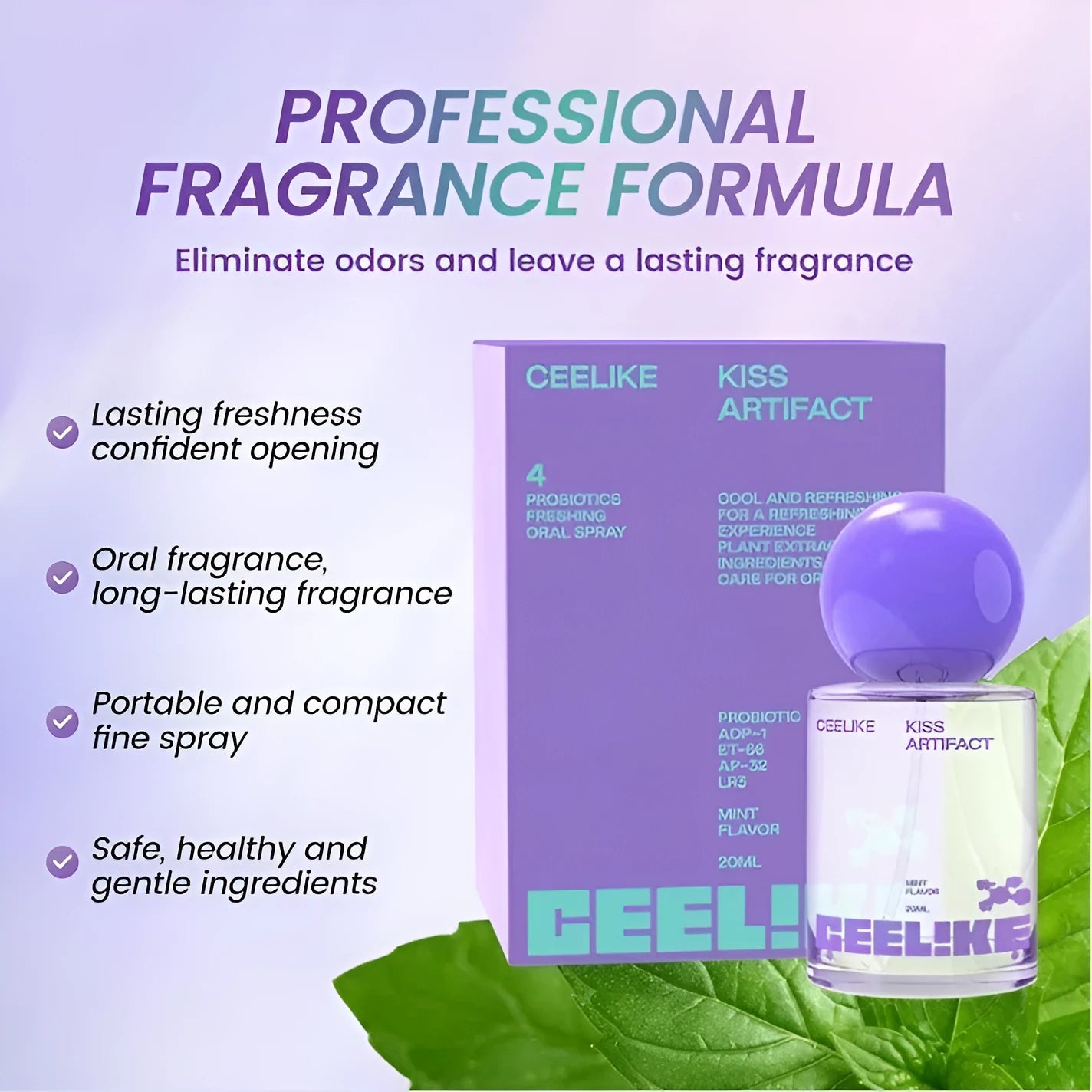A 20ml probiotics oral care spray bottle with a spray cap, shown with its compact dimensions.