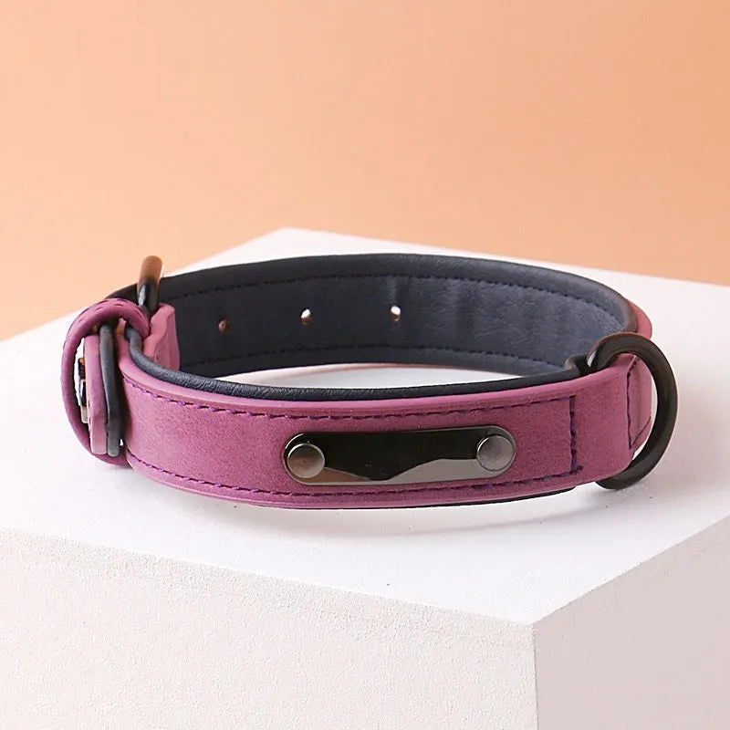 Adjustable dog collar showing purple colour, with PU front and microfiber back, demonstrating the double-layer thickened construction.