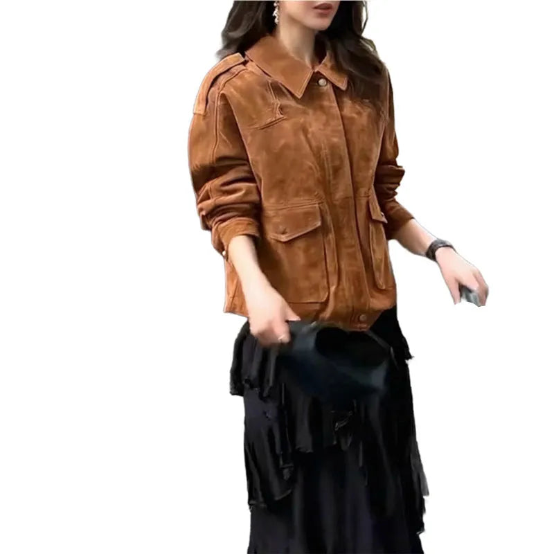 Women's longline brown suede-look polyester coat on a hanger, showing regular sleeves.