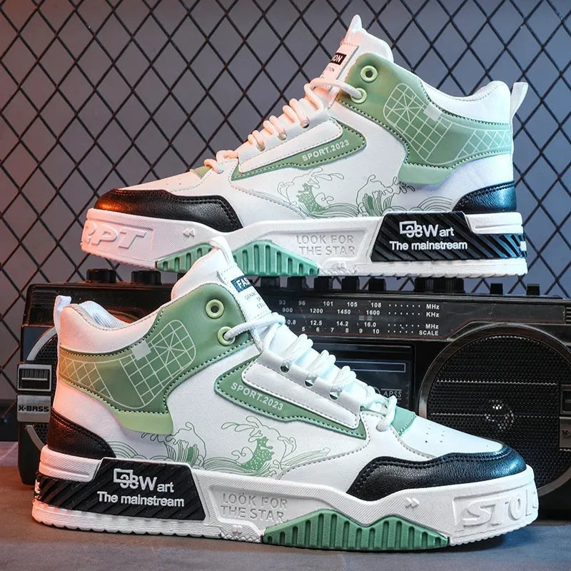 Men's high-top board shoes in beige with lace-up front and rubber sole
