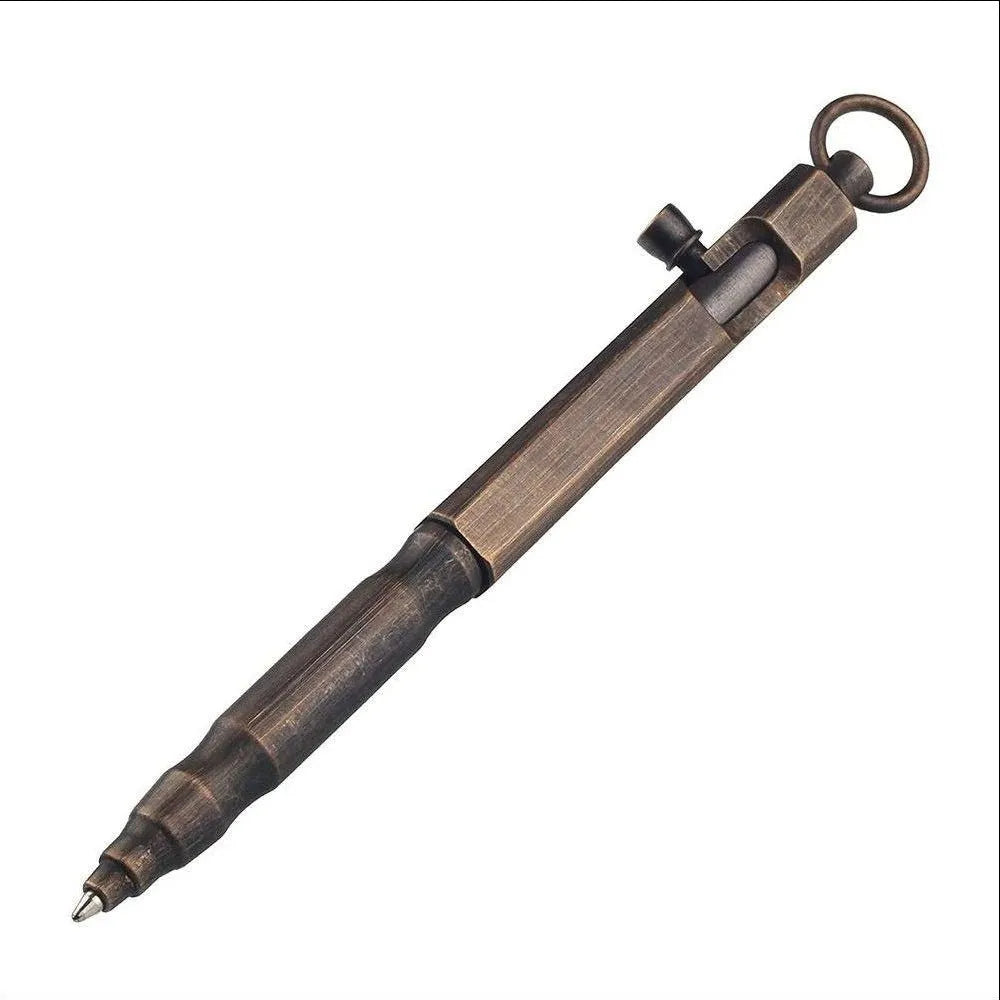 Brass hexagonal bolt tactical pen in brass natural colour and retro black, 13cm long.