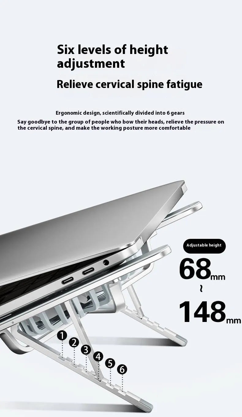 Silver aluminium alloy portable laptop cooling stand with twin fans and adjustable height in folded position