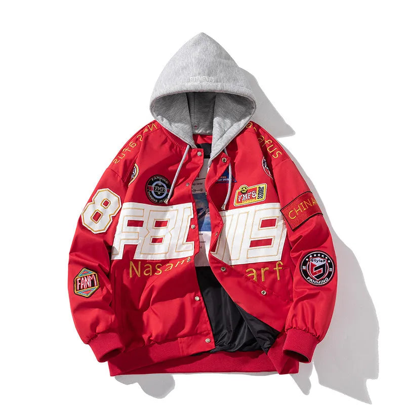 American motorcycle baseball uniform jacket in loose fit with detachable hood option