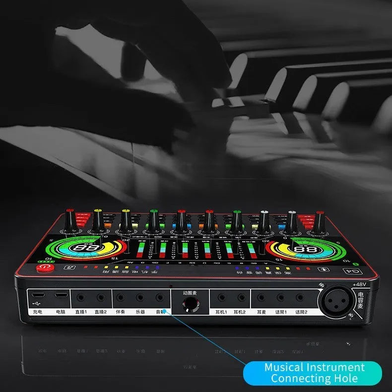 Professional G4 sound card set with colour LCD display, multiple control knobs, and included microphone.