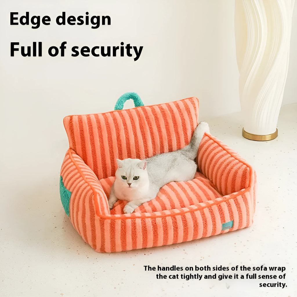 Striped pet bed with soft velvet removable cover in orange, purple or yellow colours for dogs and cats