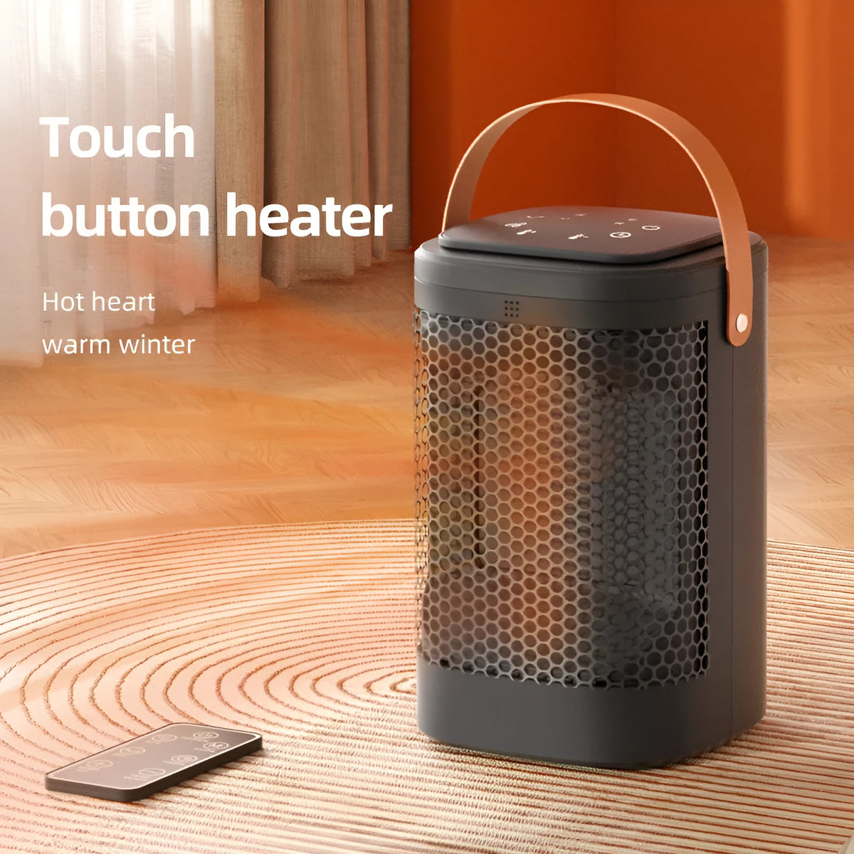 White PTC electric heating radiator with a digital touch screen remote control on a table.