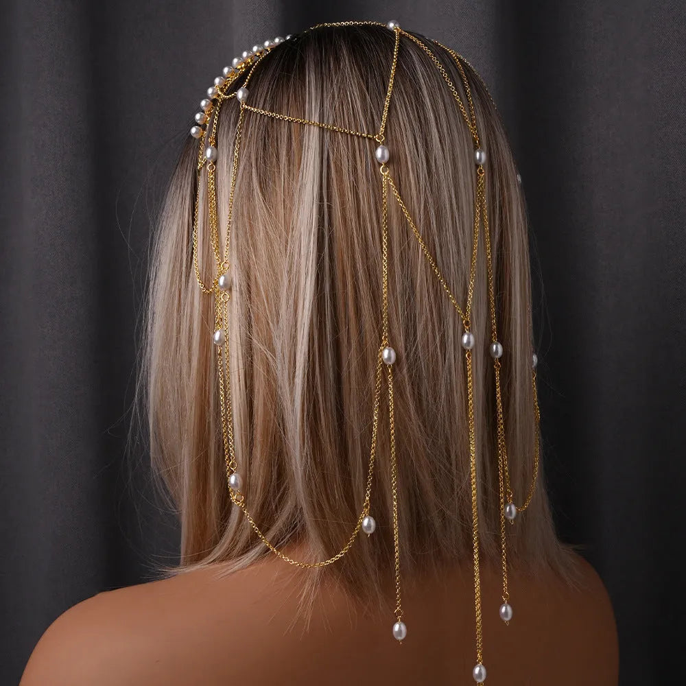 Gold or silver mesh tassel hair chain with pearl details for women