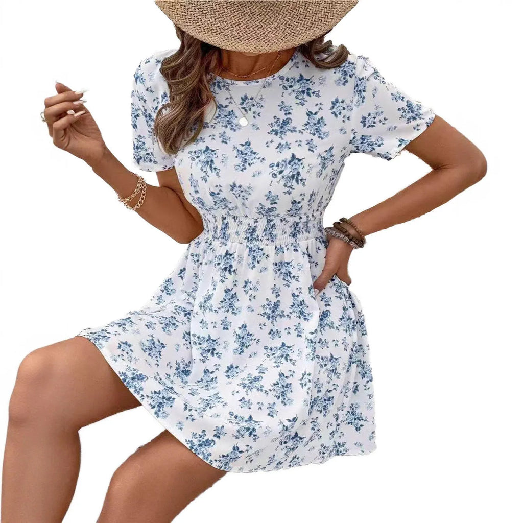 Light blue A-line casual dress with high waist and mid-length skirt