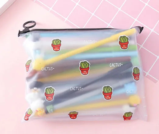 Open plastic case showing twenty 0.5mm black gel pens with cartoon cactus designs for boys and girls.